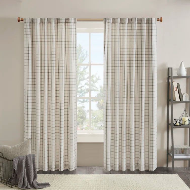 Natural Plaid Polyester Light-Filtering Curtain Panel with Fleece Lining