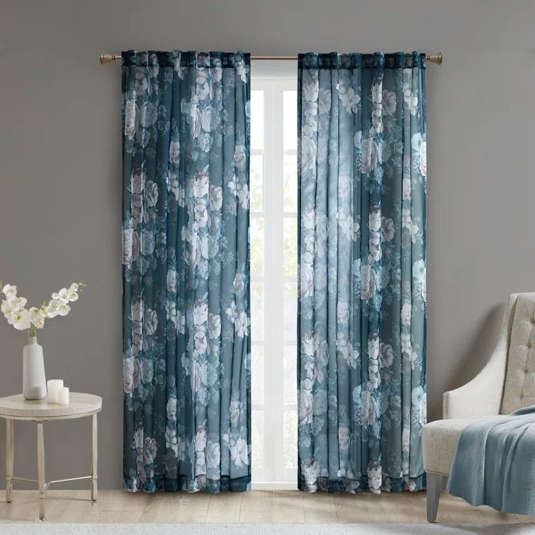 Navy Floral Sheer Rod Pocket Back Tab Curtain Panel