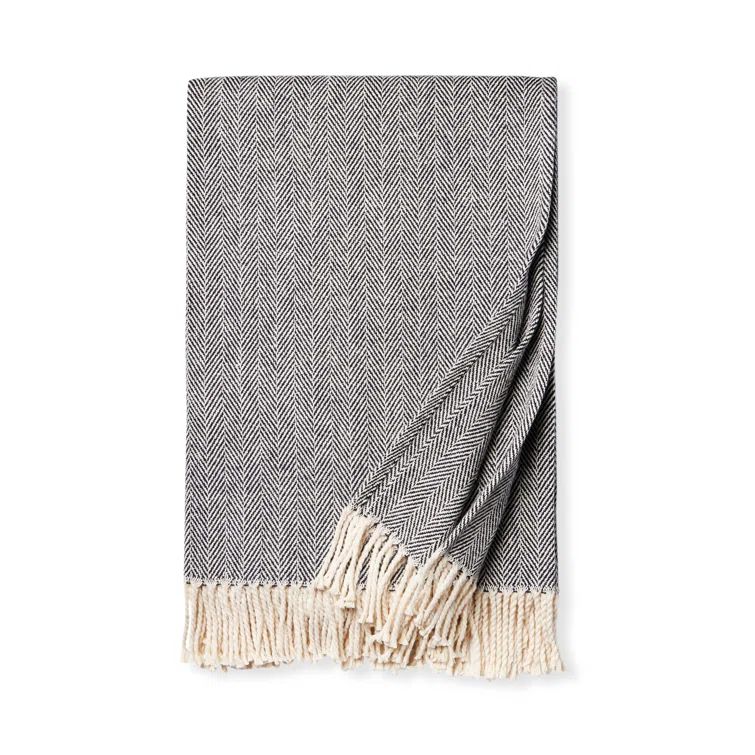 Black Cotton Herringbone Throw Blanket with Fringe, 51" x 71"