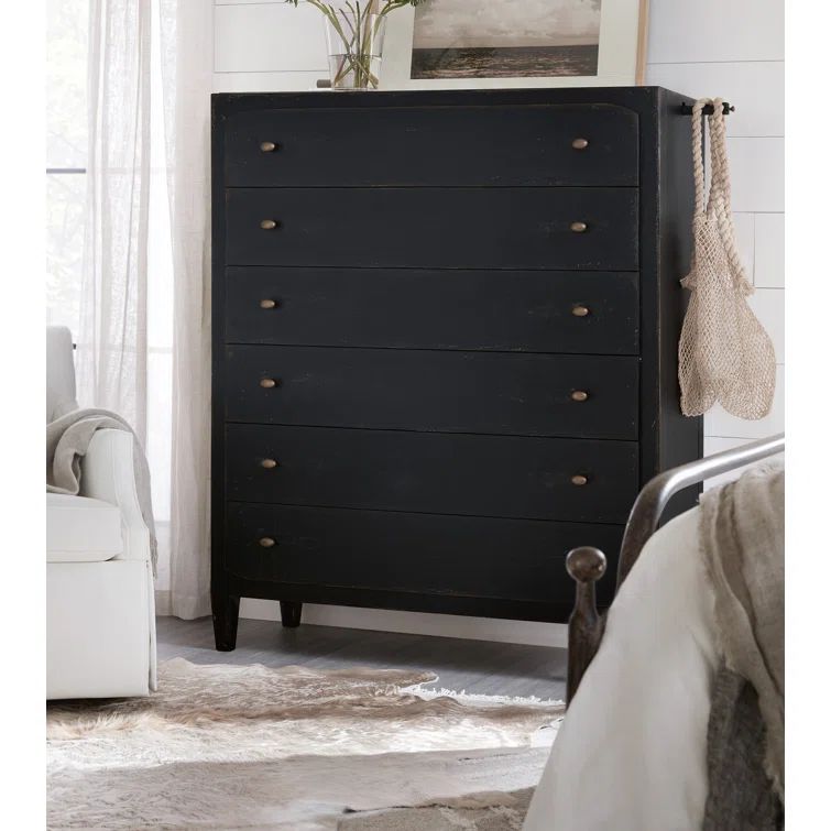 Black Transitional 6-Drawer Dresser with Brass Hardware