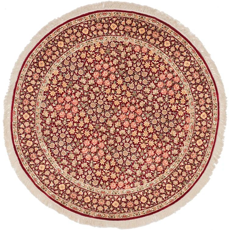 Hand-Knotted Red Wool and Cotton Round Floral Rug