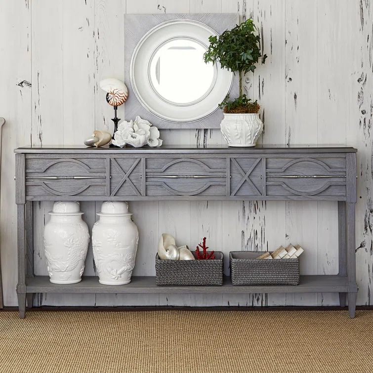 Weathered Gray Wood and Brass Spindle Console Table