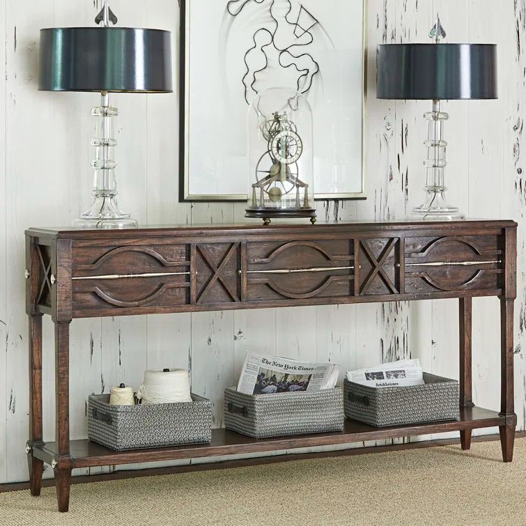 Walnut and Brass Spindle Console Table with Shelf
