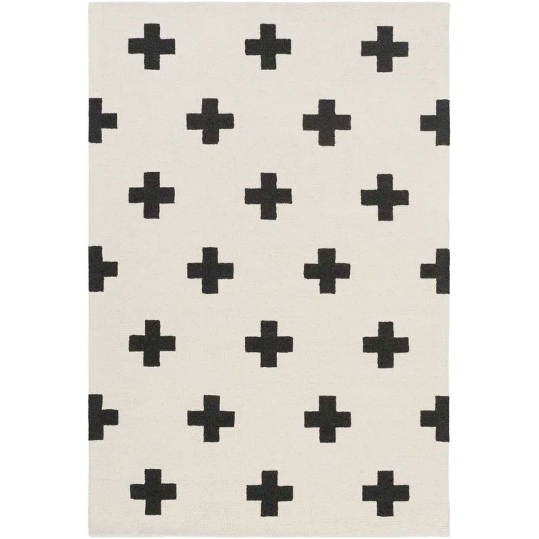 Handmade Black and Off-White Wool Geometric Tufted Rug