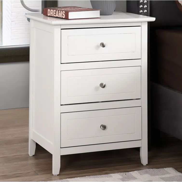 White Wood 3-Drawer Nightstand with Nickel Hardware