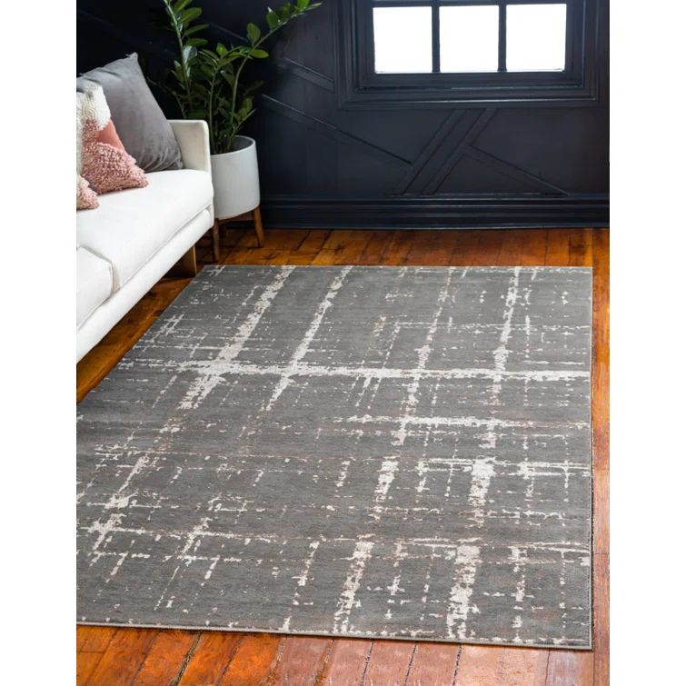 Gray and Beige Rectangular Stain-Resistant Synthetic Rug