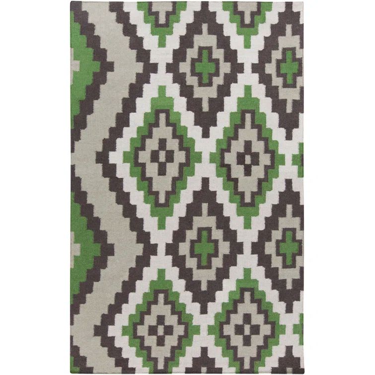 Ivory and Green Geometric Wool Handwoven Area Rug