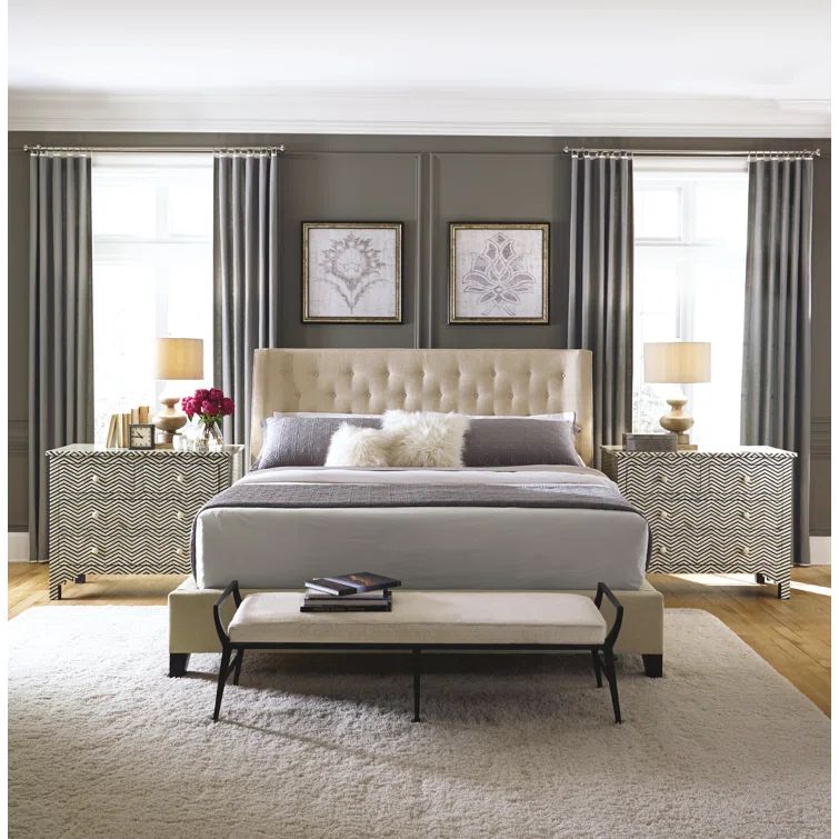 Beige Queen Upholstered Wood Frame Tufted Bed