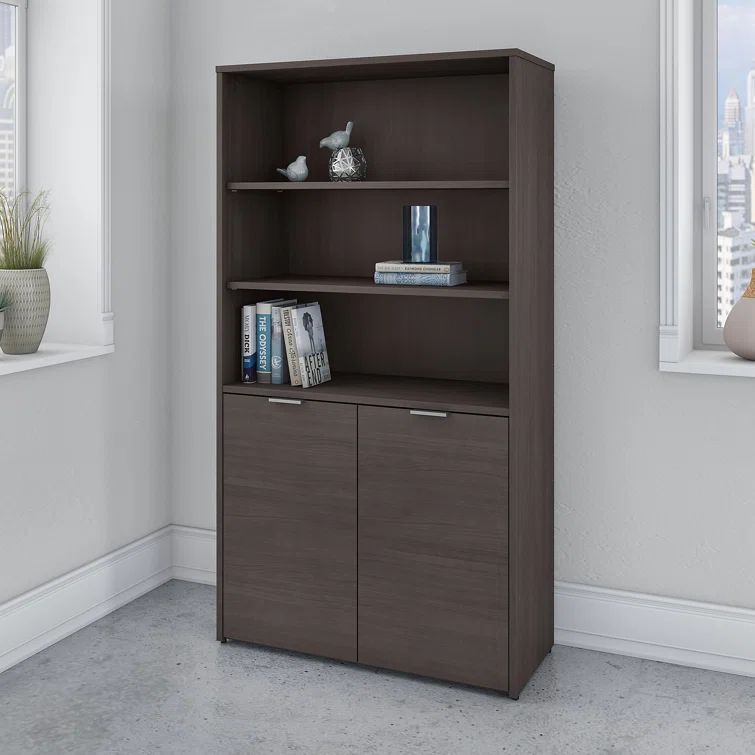 Storm Gray Adjustable 5-Shelf Bookcase with Doors