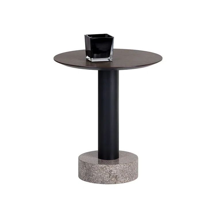 Round Black Oak and Marble End Table
