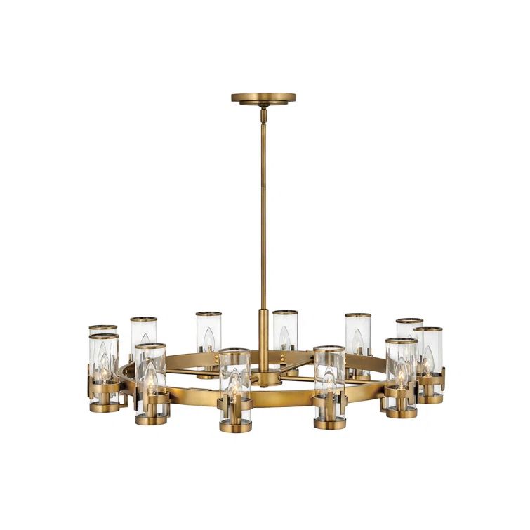 Reeve Heritage Brass 12-Light Wagon Wheel Chandelier with Clear Glass Cylinders