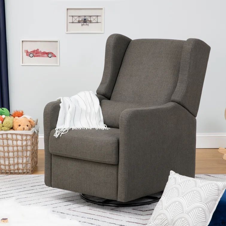 Charcoal Linen Swivel Recliner with Wooden Accents