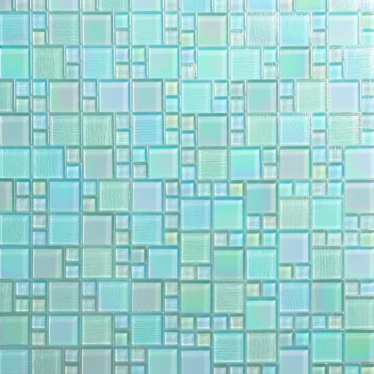 Sea Green Iridescent Glass Mosaic Wall Tile 12-in x 12-in