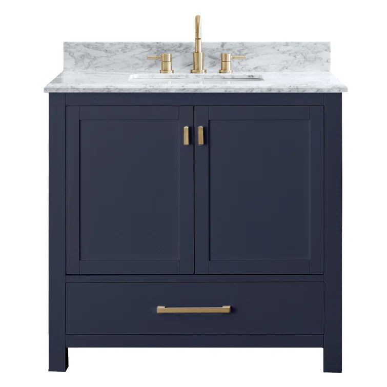 Navy Blue Solid Wood Single Sink Vanity with Stone Top