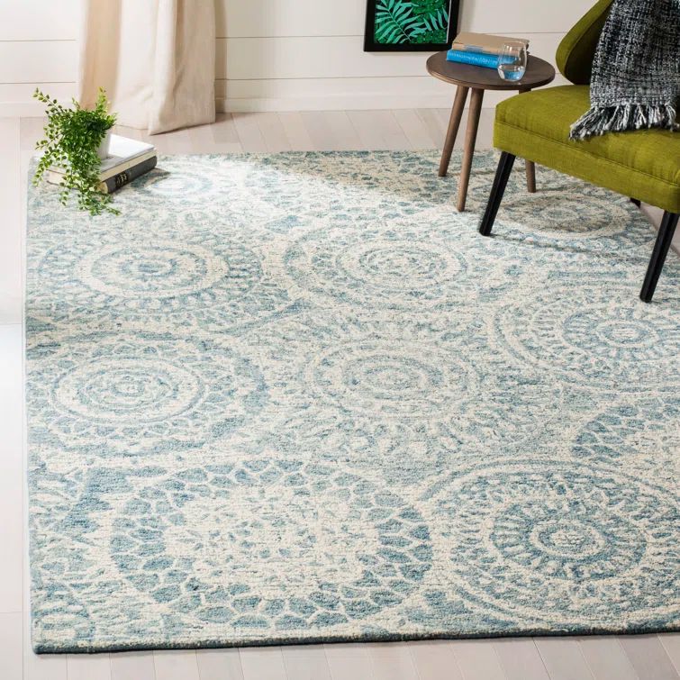 Ivory and Blue Abstract Handmade Wool 6' x 9' Area Rug