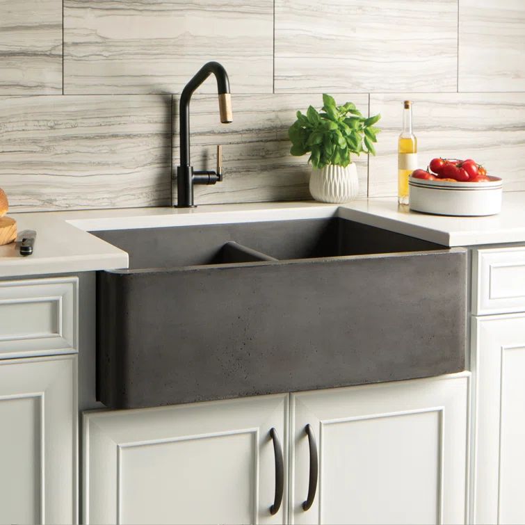 Slate Concrete Double Basin Farmhouse Kitchen Sink, 33"