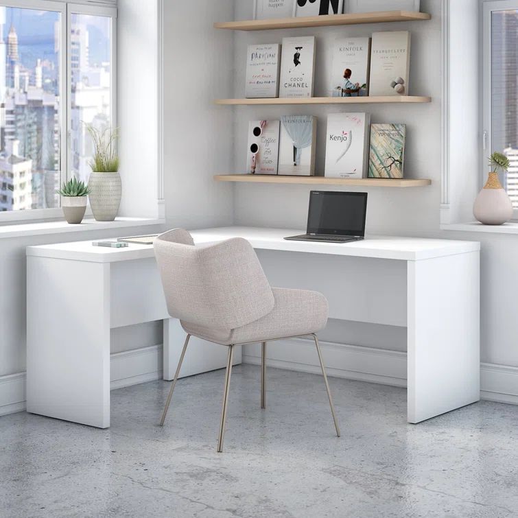 Pure White L-Shaped Corner Desk with Drawer and Filing Cabinet