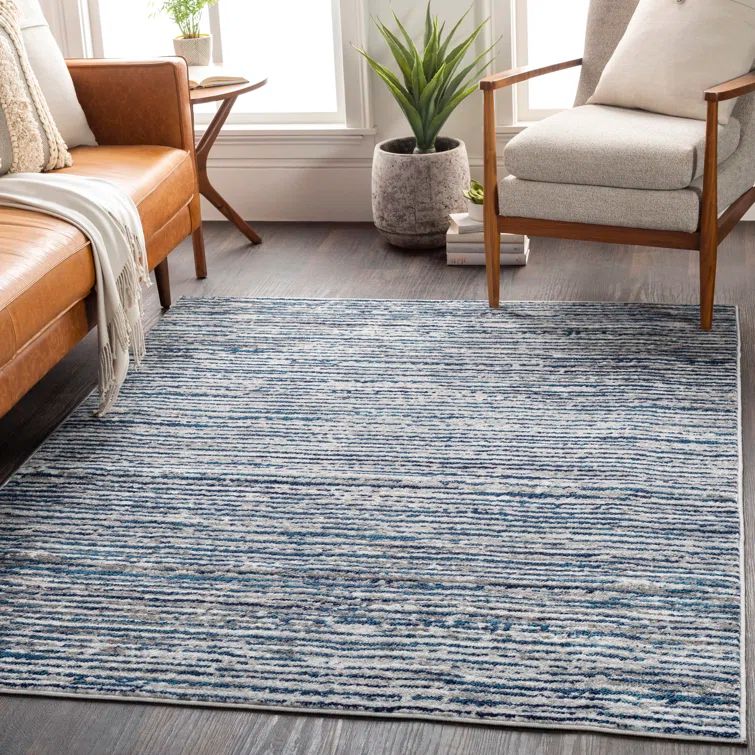 Navy and Light Gray Striped Synthetic Rectangle Area Rug
