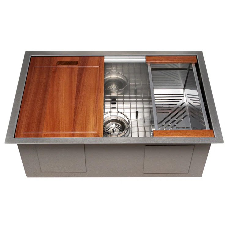 27" Stainless Steel Single Bowl Kitchen Sink with Wood Accents