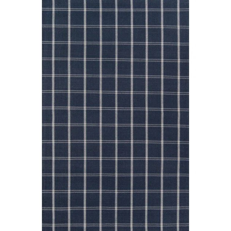 Navy and Ivory Wool Plaid Rectangular Area Rug 5' x 8'