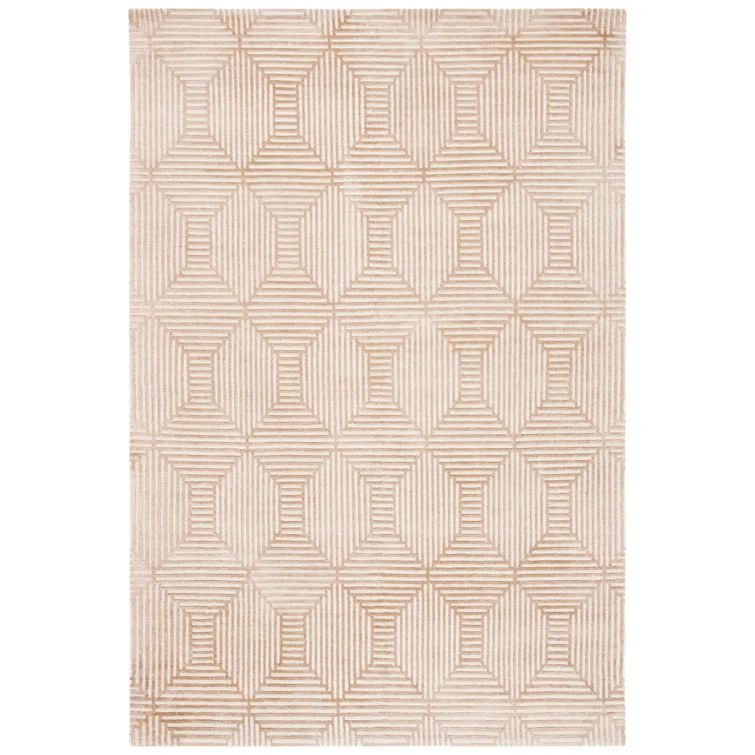 Nepalese Camel Geometric Hand-Knotted Wool and Silk Area Rug, 6' x 9'