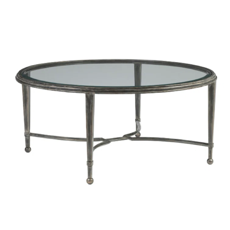 Gray Round Metal Cocktail Table with Beveled Glass Top
