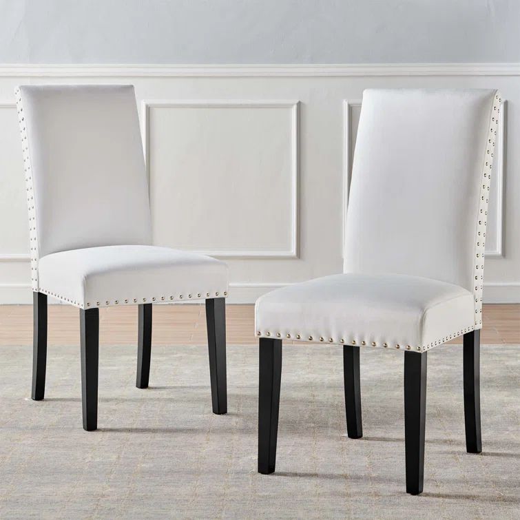 Elegant White Velvet Upholstered Parsons Side Chair with Nailhead Trim