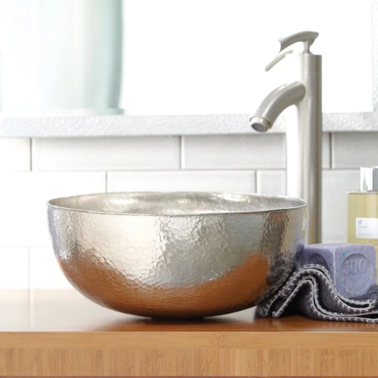 Brushed Nickel Hand Hammered Round Copper Vessel Sink