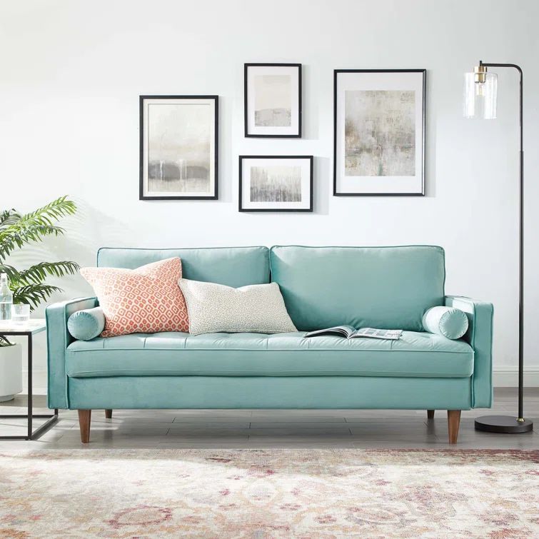 Mint Green Velvet Tufted Sofa with Walnut Wood Legs
