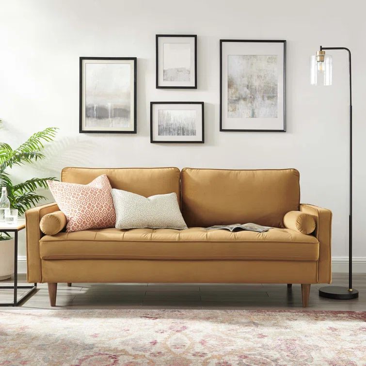 Cognac Velvet Tufted Sofa with Walnut Wood Legs