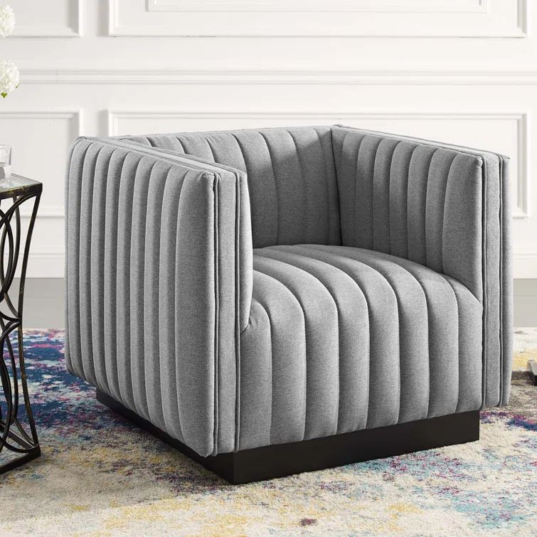 Elegant Light Gray Velvet Wood Base Accent Chair