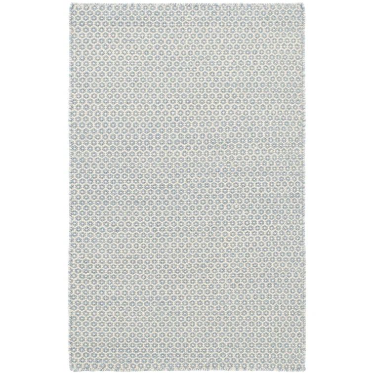 French Blue and Ivory Geometric Wool and Cotton Rug, 10 x 14