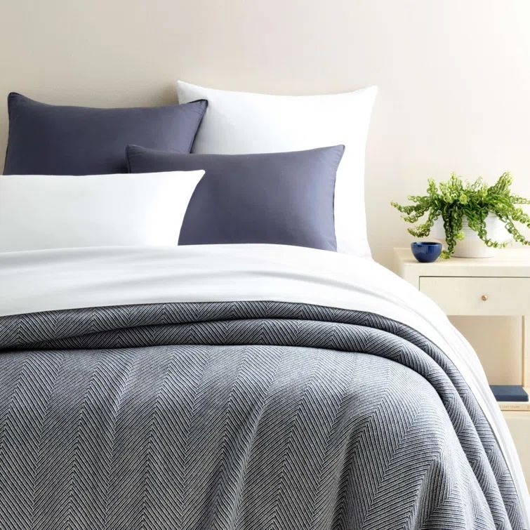 Navy and Ivory Cotton Herringbone Full Blanket