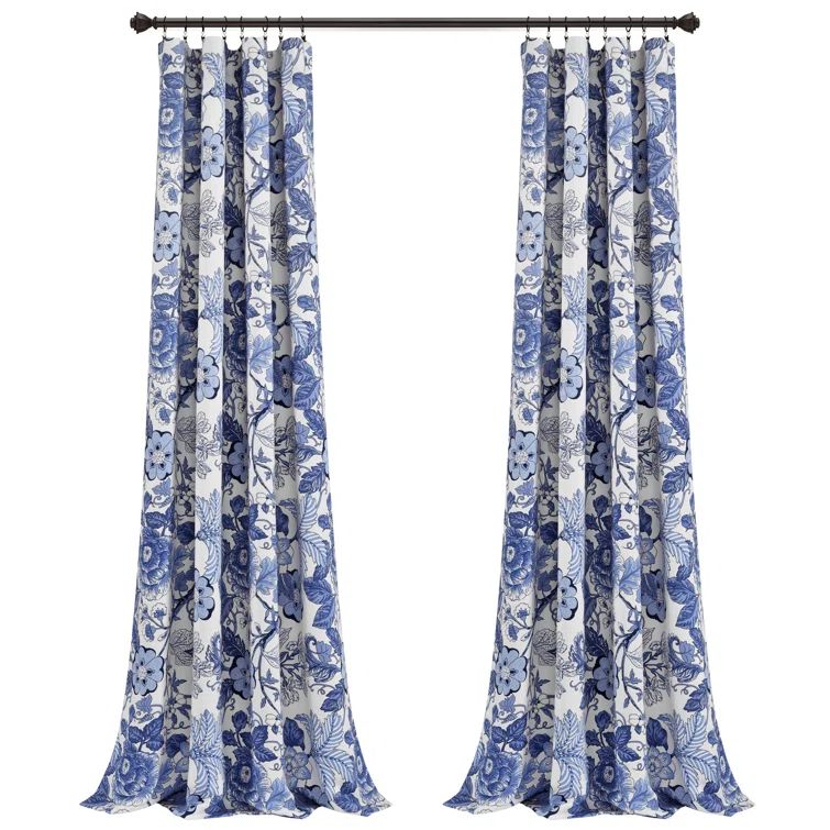 Navy and White Floral Blackout Polyester Curtains, 52" x 84"