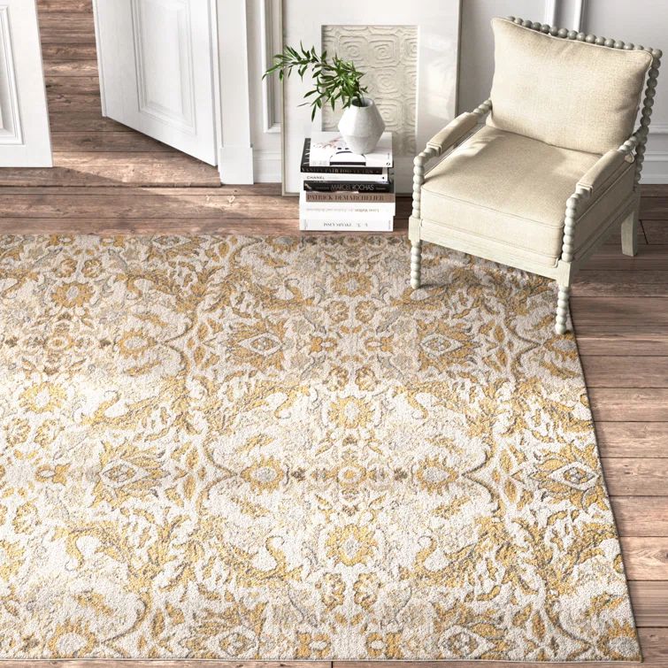 Ivory and Gold Floral Hand-knotted Area Rug