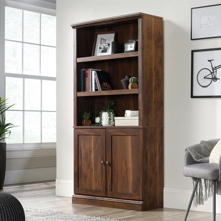Grand Walnut Adjustable 5-Shelf Bookcase with Doors