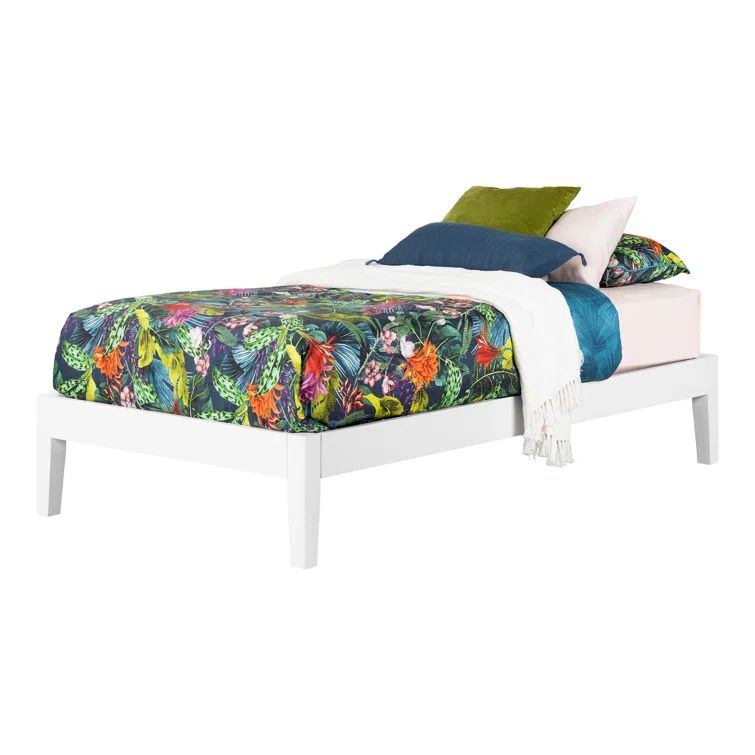 White Full Wood Platform Bed with Slats