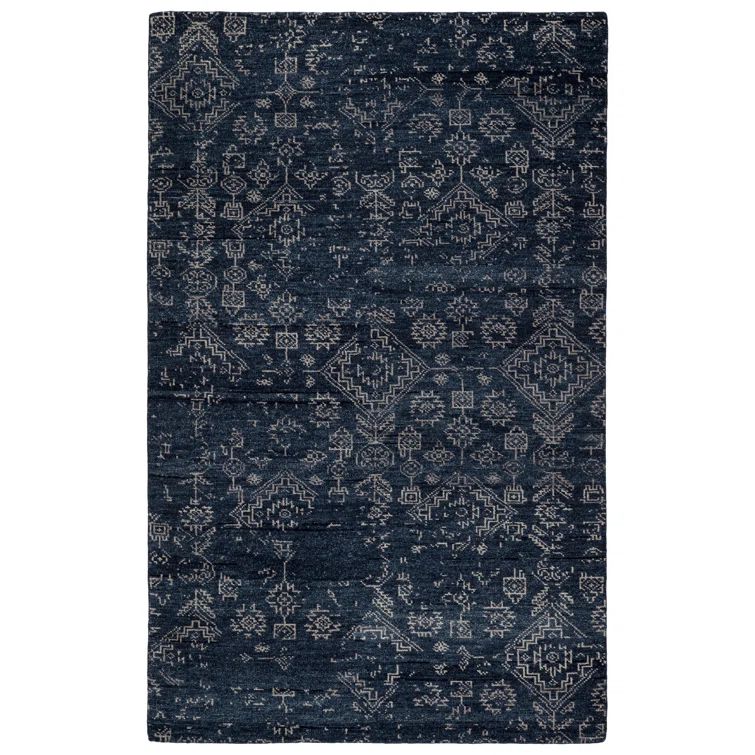 Azuma Deep Blue and Light Gray Hand-Knotted Wool Area Rug 8' x 10'
