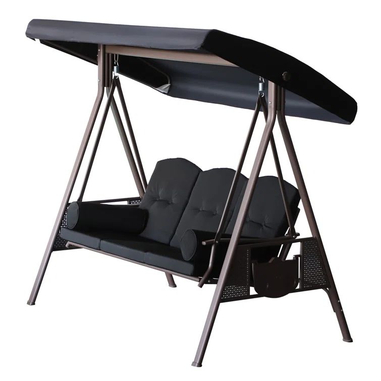Black Steel Outdoor Patio Swing with Cushions and Canopy