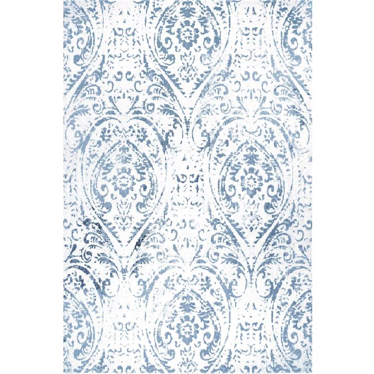 Ivory and Blue Medallion Synthetic Indoor/Outdoor Area Rug