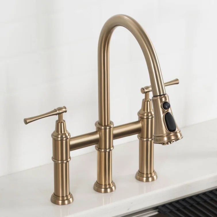 Brushed Gold Stainless Steel Bridge Kitchen Faucet with Pull-Down Sprayhead
