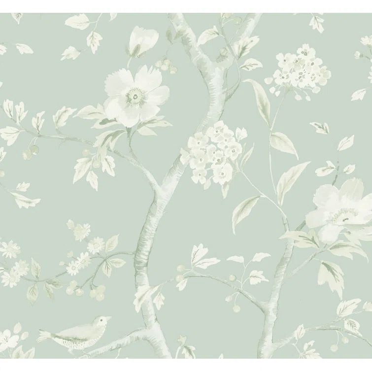Sea Glass and Ivory Vinyl-Coated Floral Wallpaper
