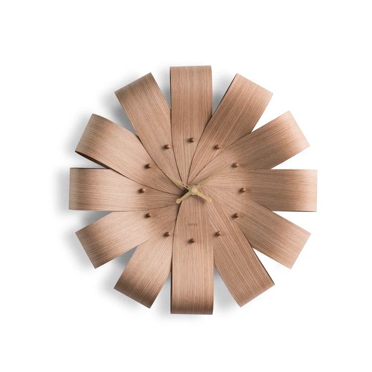 Elegant Oak and Brass Wall Clock with Bent Leaves Design
