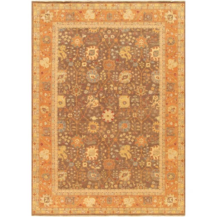 Baku Hand-Knotted Wool Floral Area Rug in Orange/Brown, 10' x 14'