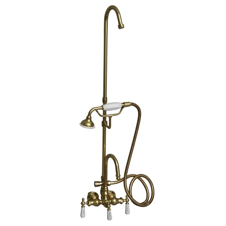Polished Brass Wall Mounted Tub Faucet with Handshower and Porcelain Handles