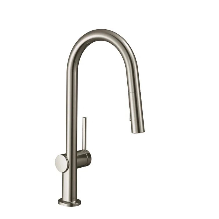 Sleek Modern 15'' High Arc Pull-Out Spray Kitchen Faucet in Steel Optik