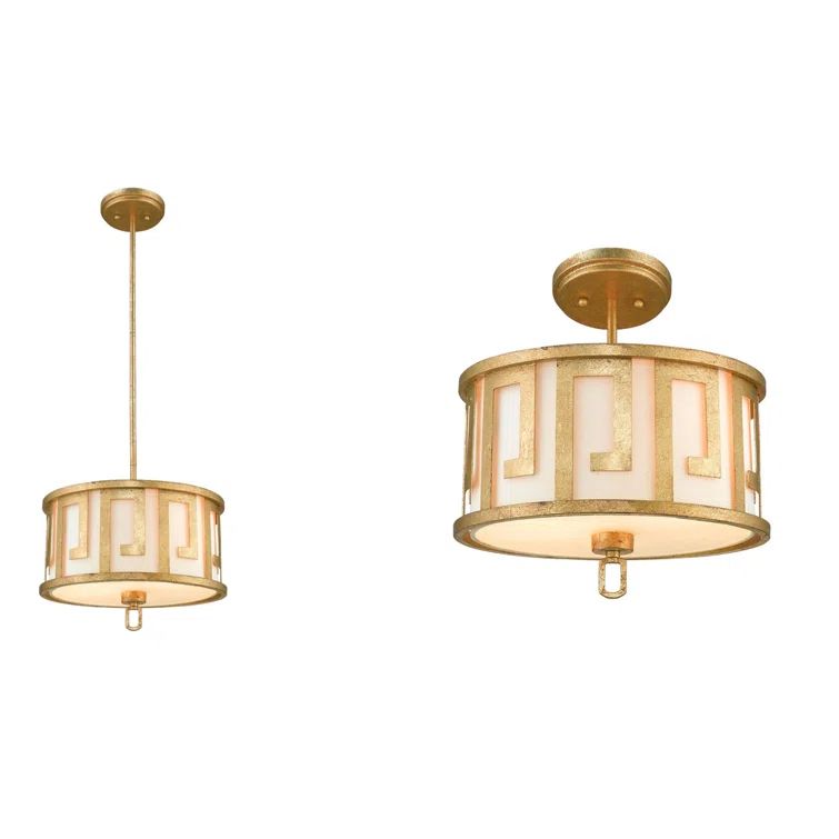 Distressed Gold Drum 2-Light Pendant with Fabric Shade