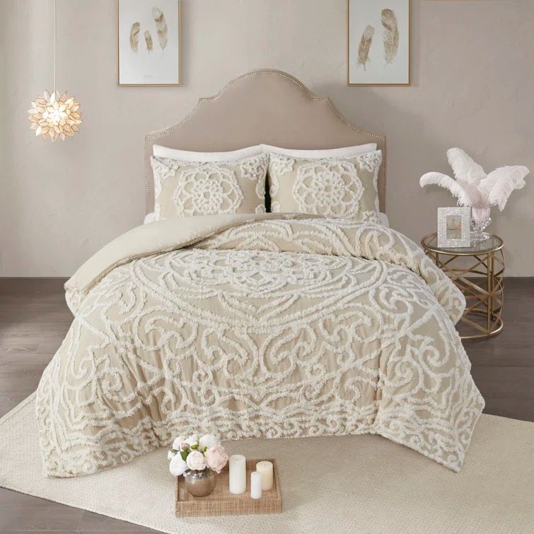 Taupe Cotton Chenille Medallion Queen Duvet Cover Set