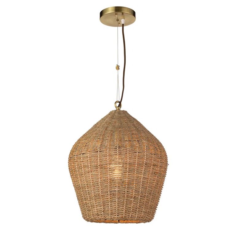 Natural Rattan Coastal Pendant Light with Brass Accents