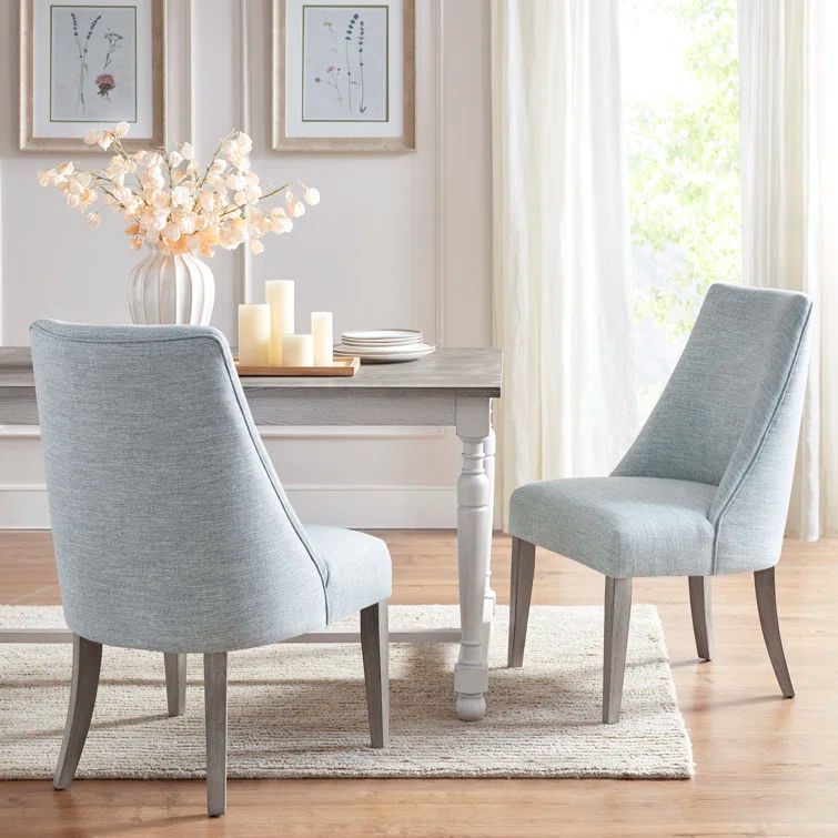 Light Blue Linen Upholstered Dining Chairs with Wood Legs, Set of 2